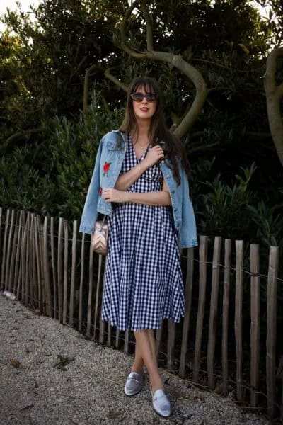 Checkered Midi Flared Dress with Embroidered Denim Jacket & Loafers