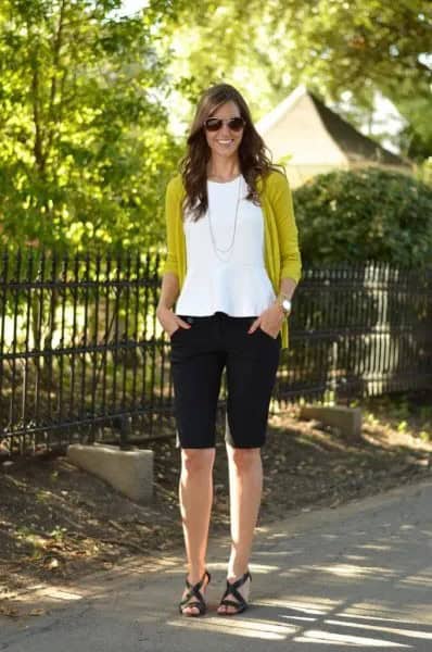 White Peplum Top with Mustard Yellow Sweater Cardigan