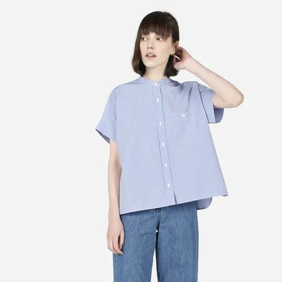 Light Blue Oversized Short Sleeve Collarless Shirt