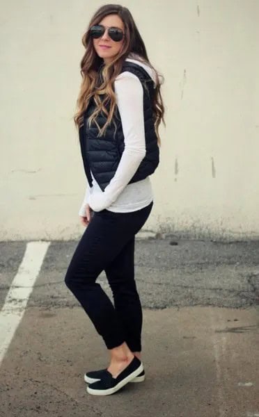 White Long Sleeve T Shirt with Short Hooded Black Puffer Vest