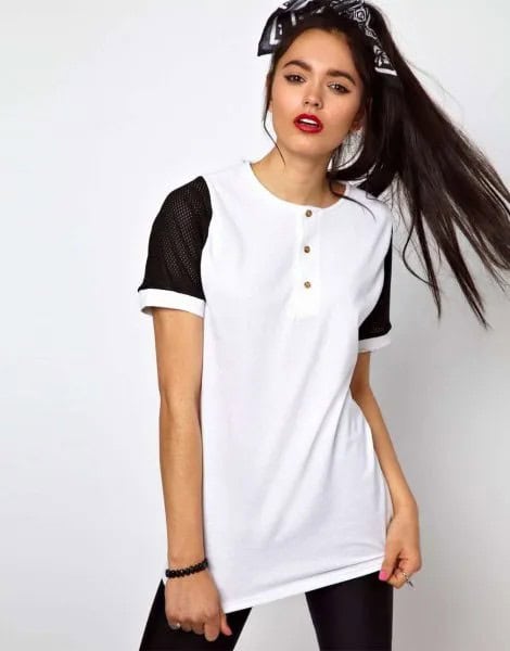 White and Black Baseball Shirt with Dark Skinny Jeans