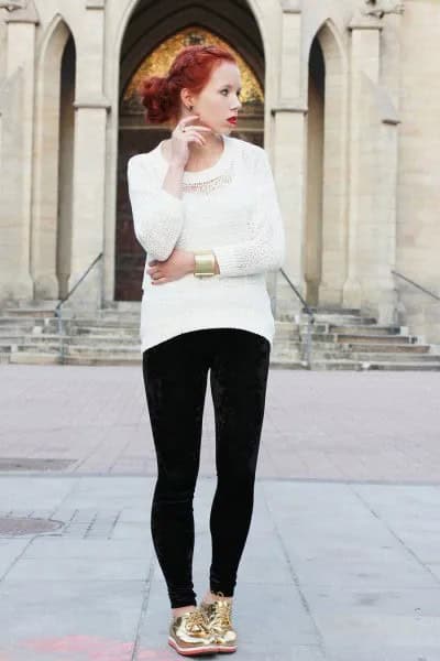 White Knit Sweater with Black Super Skinny Jeans