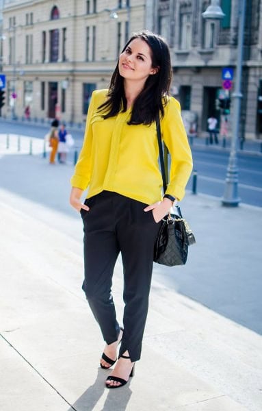 Yellow Button Up Shirt with Black Chinos & Heeled Sandals