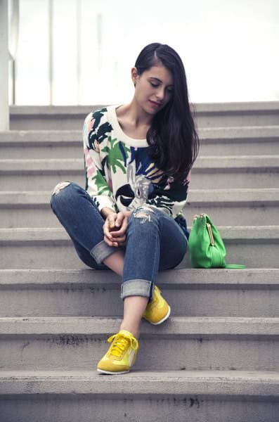 White Floral Printed Sweatshirt with Yellow Sneakers