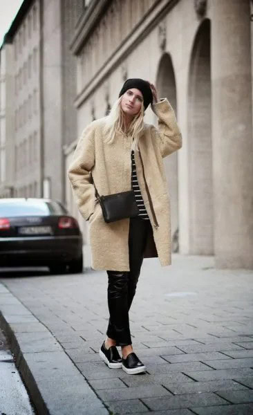 Blush Pink Wool Longline Coat with Black Leather Pants