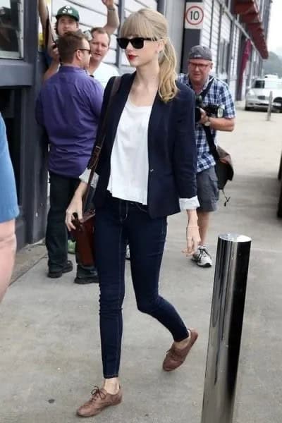 Navy Blue Blazer with White Chiffon Blouse & Grey Oxford Dress Shoes