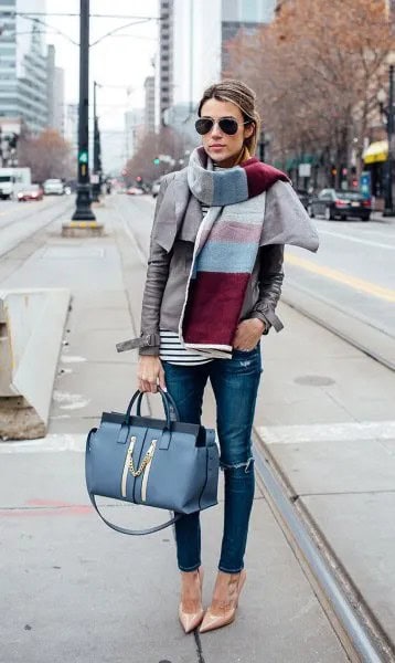 Wear with Color Block Scarf & Blue Skinny Jeans