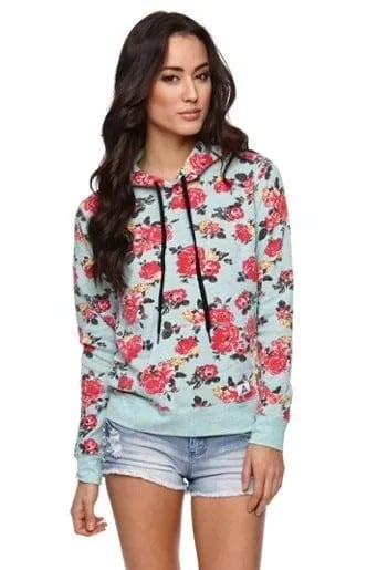 Grey Rose Printed Pullover Hoodie with Blue Mini Shorts