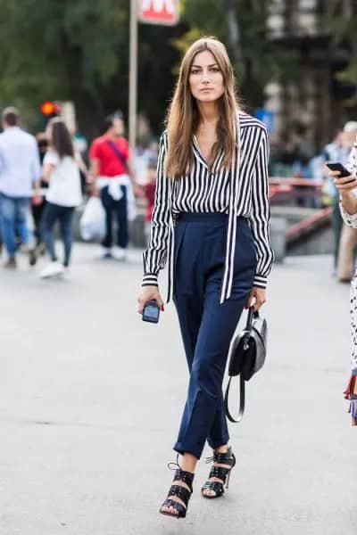 Black and White Striped Long Sleeve Shirt with Navy Chinos