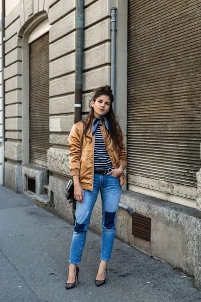 Gold Bomber Jacket with Grey and Black Striped T Shirt