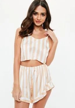 Pale Pink and White Vertical Striped Flowy Silk Pajama Shorts with Matching Crop Top