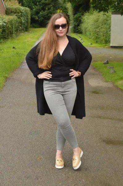 Black Wrap Blouse with Grey Slim Fit Jeans & Blush Pink Loafers