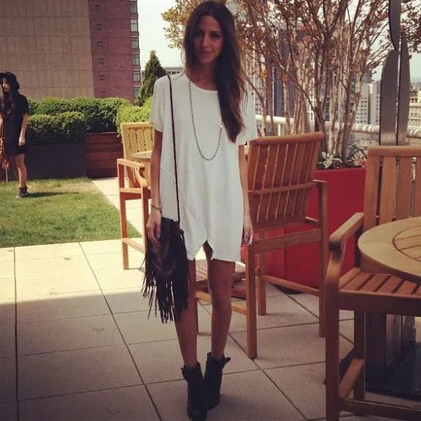 White Tunic Dress with Fringe Bag & Boots