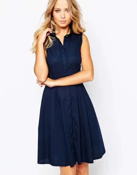 Navy Knee Length Flared Sleeveless Shirt Dress