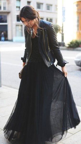 Black Chiffon Pleated Maxi Dress with Leather Jacket