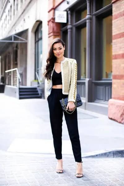 Pink Jacket with Black Crop Top & Silk Pants