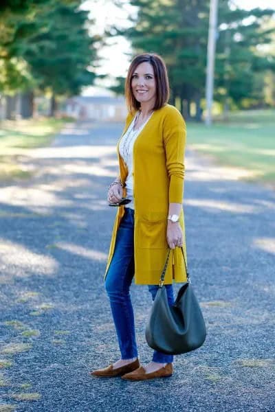 Longline Mustard Yellow Cardigan with White Vest Top & Blue Jeans