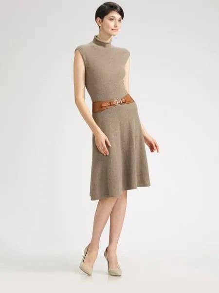 Green Mock Neck Belted Flared Cashmere Dress