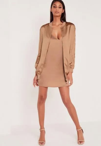 Low Cut Blush Pink Chiffon Mini Dress with Rose Gold Jacket