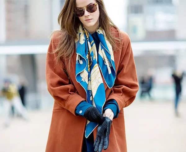 Blue Satin Scarf with Red Wool Long Coat