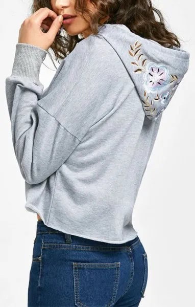 Grey Floral Embroidered Hoodie with Blue Skinny Jeans