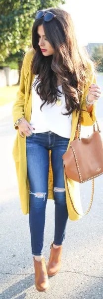 Yellow Longline Cardigan Sweater with White Blouse & Ripped Knee Jeans