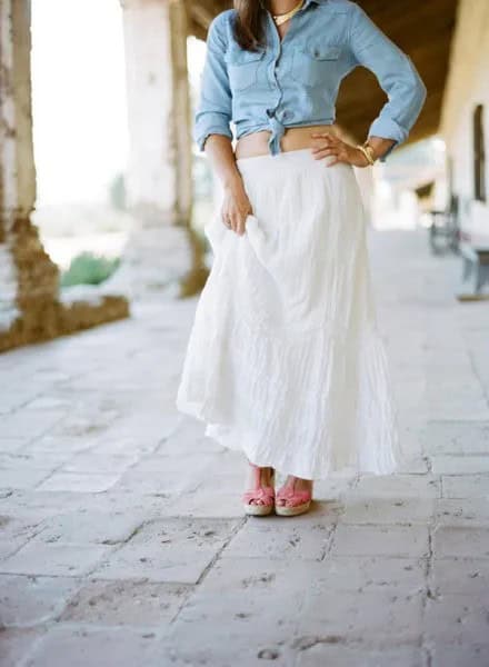 Light Blue Chambray Knotted Shirt with White Maxi Flared Skirt