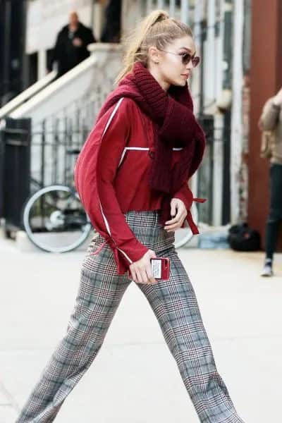 Red Windbreaker with Black and White Chinos