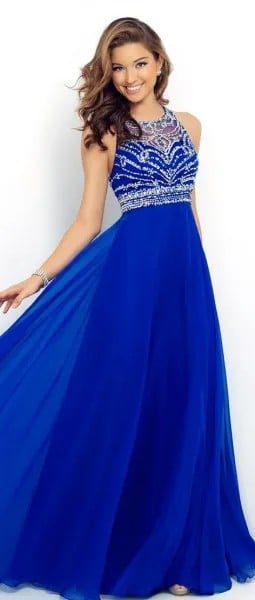 Royal Blue and Silver Sequin Fit and Flare Halter Gown