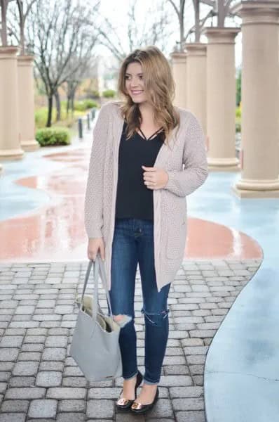 Long Sweater Cardigan with Black Blouse & Ripped Knee Jeans