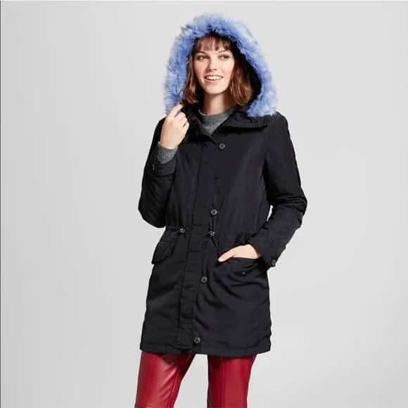 Black Parka Jacket with Blue Hood & Brown Leather Pants