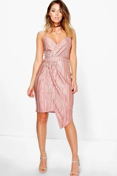 Pink Silk Deep V Neck Knee Length Wrap Dress