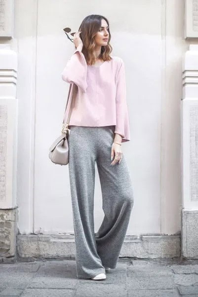 White Long Sleeve Top with Grey Wide Leg Pants