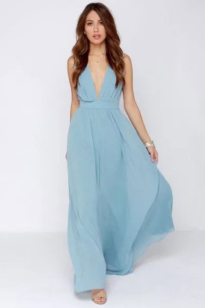 Deep V Neck Light Blue Maxi Dress with Silver Necklace