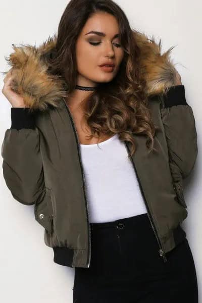 Green Fur Hooded Bomber Jacket with White Tank Top & Black Choker