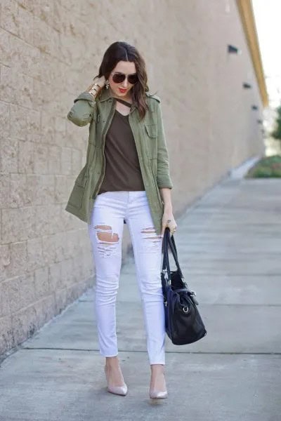 Olive Casual Jacket with Green V Neck Top & White Skinny Jeans