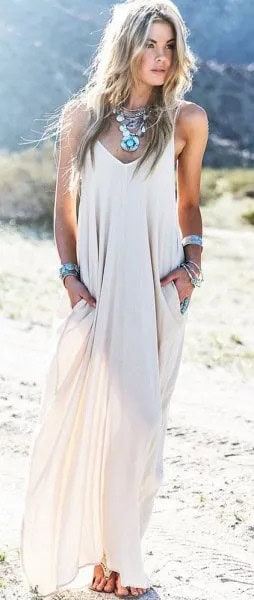 White Semi-Sheer Chiffon Maxi Summer Dress with Boho Necklace