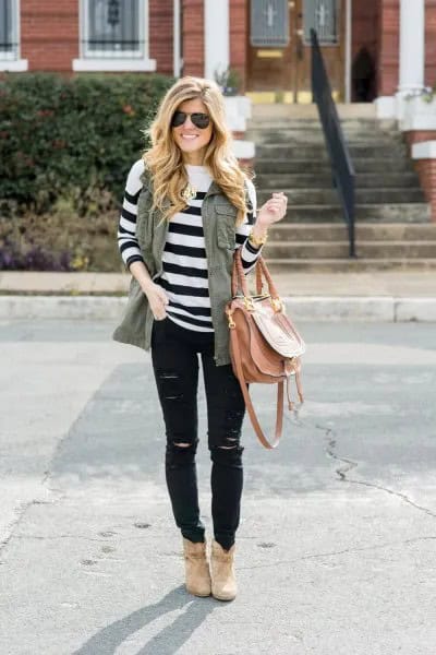 Olive Green Vest with White and Black Striped Knit Sweater