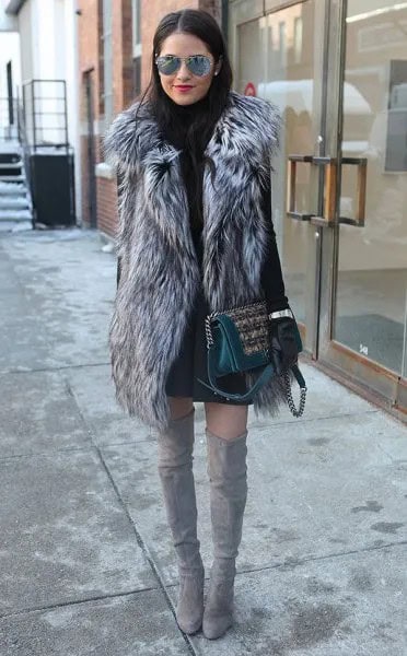 Grey Long Faux Fur Vest with Black Sweater Dress & Thigh High Boots