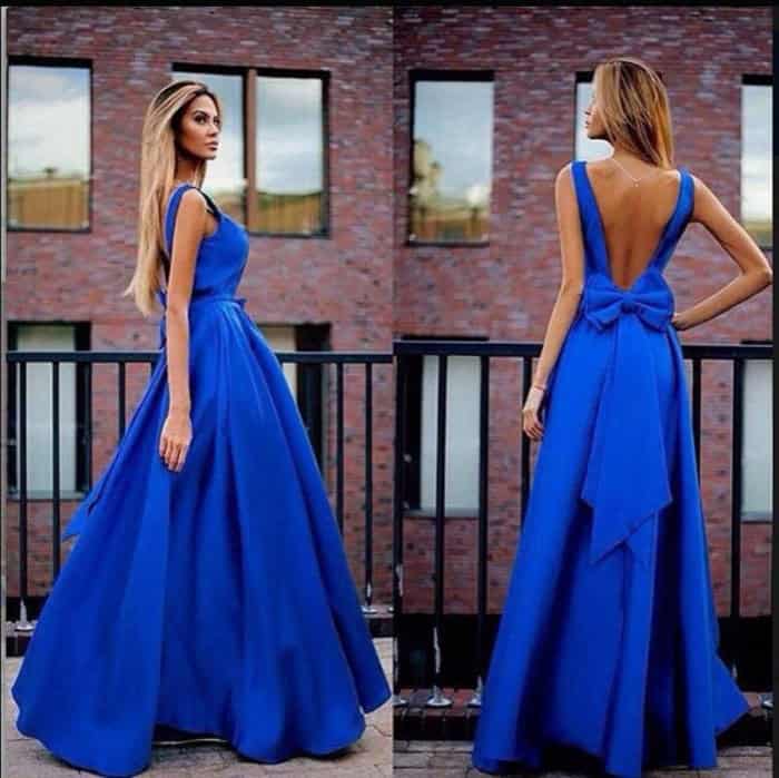 Blue Backless Floor Length Flared Dress