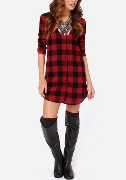 Red and Black Plaid Tunic with Thigh High Leather Boots