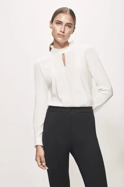 Mock Neck Keyhole Silk Blouse with Black High Rise Chinos