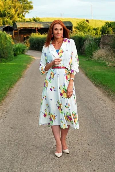 White Long Sleeve Midi Floral Printed Belted Dress