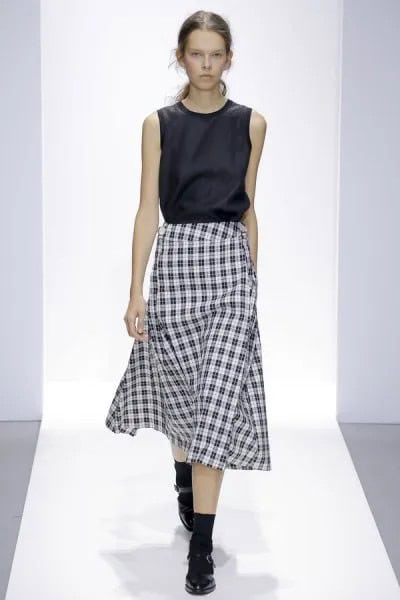 Black Sleeveless Silk Top with Midi Checkered Skirt