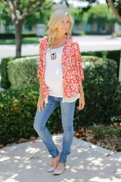 Orange and White Tribal Printed Maternity Cardigan with Blue Slim Fit Jeans