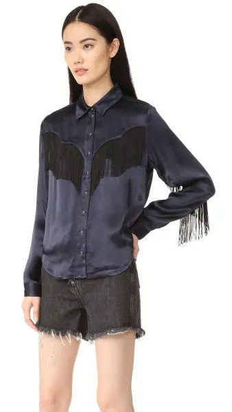 Black Button Up Silk Fringe Shirt with Shorts