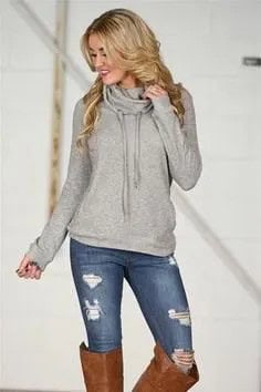 Grey Hoodie with Camel Thigh High Suede Boots