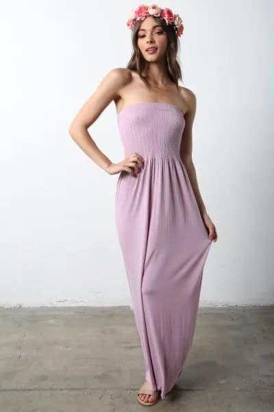 Light Grey Strapless Fit and Flare Maxi Dress with Nude Sandals