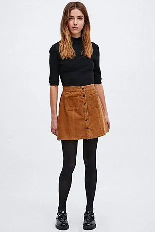 Black Mock Neck Half Sleeve Sweater with Brown Button Front Corduroy Mini Skirt