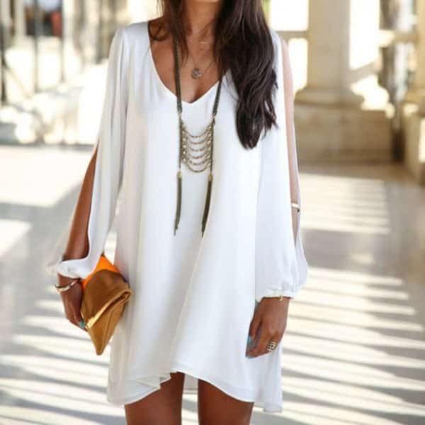 White V Neck Tunic Dress with Boho Style Long Necklace